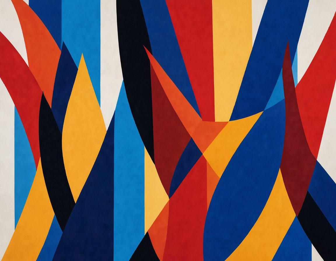 An abstract representation of modern art featuring bold geometric shapes and vibrant colors, intertwining forms that evoke a sense of elegance and creativity. The background should be soft and minimalistic to emphasize the art pieces, with gentle lighting to create depth. Include elements that symbolize a journey, such as a winding path or brush strokes leading the viewer's eye through the image. super-realistic. vibrant colors. minimalistic background.